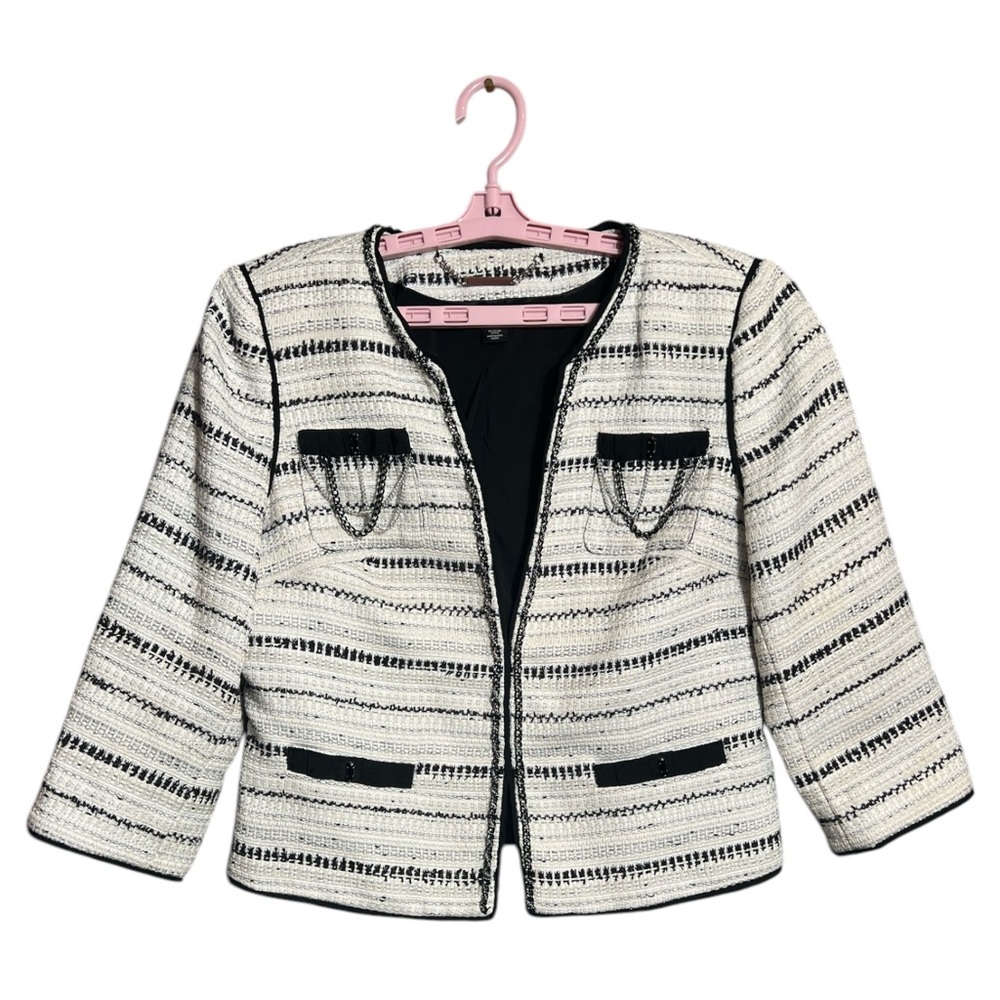 White House Black Market Women's Tweed Blazer Jacket 3/4 Sleeve Stripe, Size 12